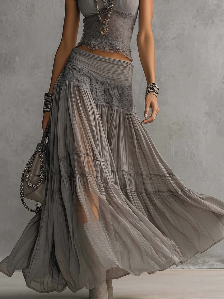 ALBA™ | Lace Panel Top and Pleated Maxi Skirt Set in Grey