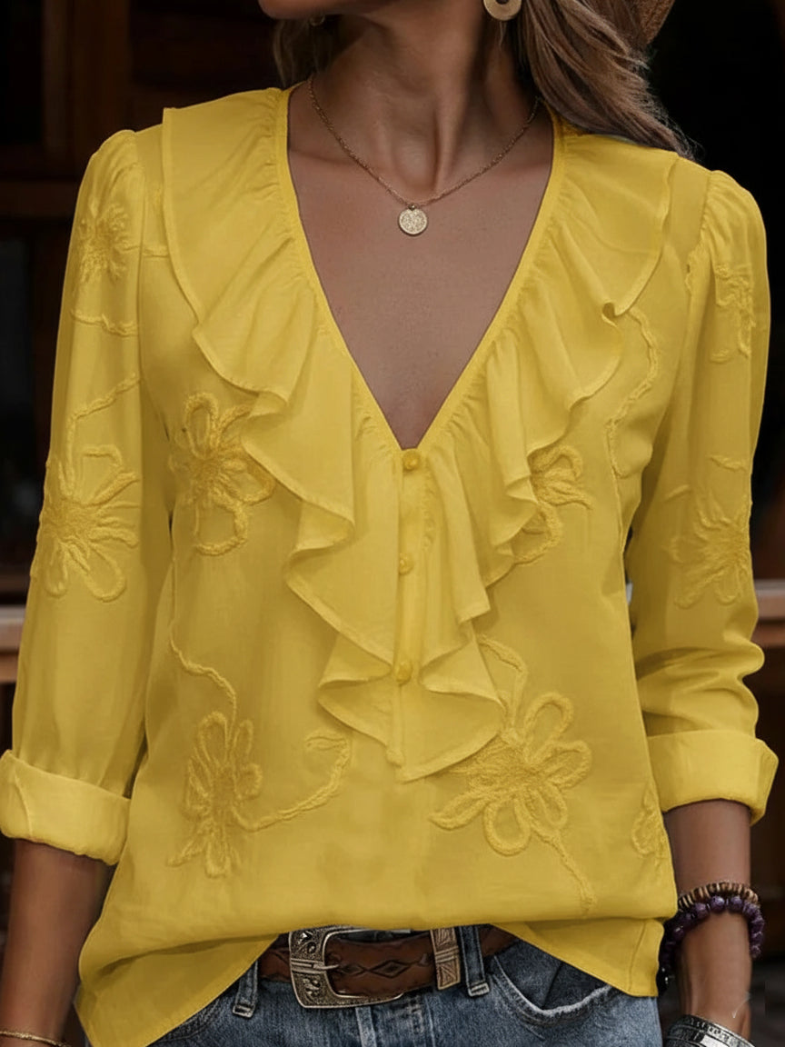 FLORA | Embroidered Floral V-Neck Blouse