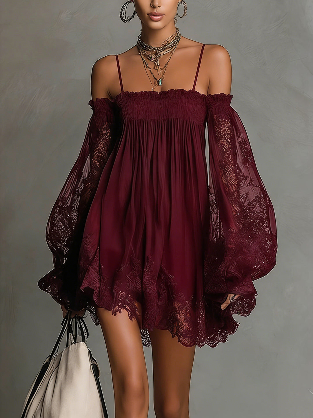 NOEMI™ | Navy Blue Off-Shoulder Chiffon Mini Dress with Lace Trim and Sheer Sleeves