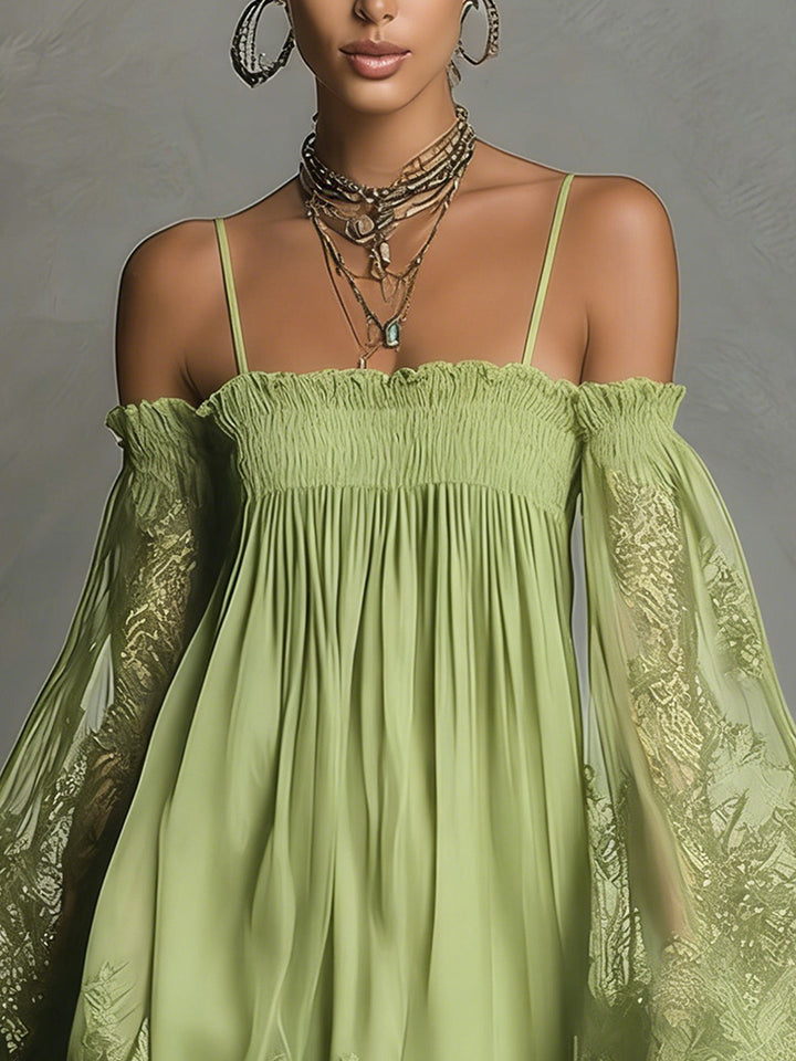 NOEMI™ | Navy Blue Off-Shoulder Chiffon Mini Dress with Lace Trim and Sheer Sleeves