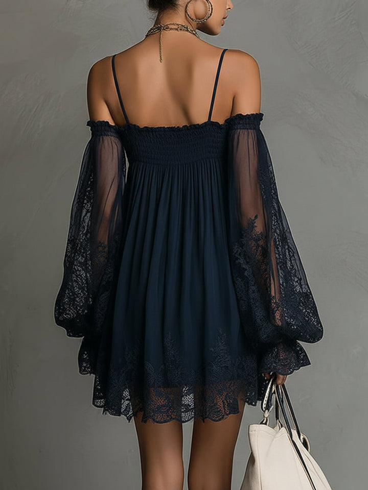 NOEMI™ | Navy Blue Off-Shoulder Chiffon Mini Dress with Lace Trim and Sheer Sleeves