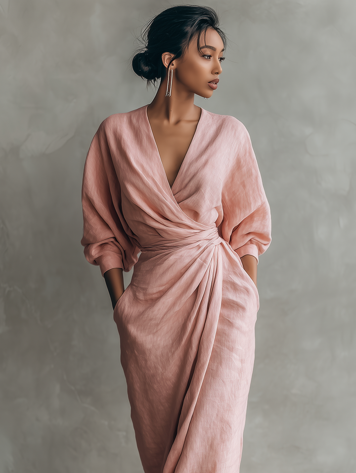 LUCIANA™ | Minimalist Pink V-Neck Maxi Dress in Linen Blend