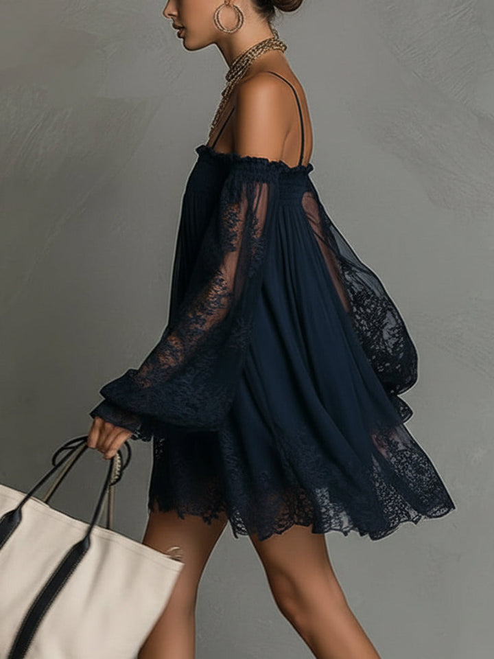 NOEMI™ | Navy Blue Off-Shoulder Chiffon Mini Dress with Lace Trim and Sheer Sleeves