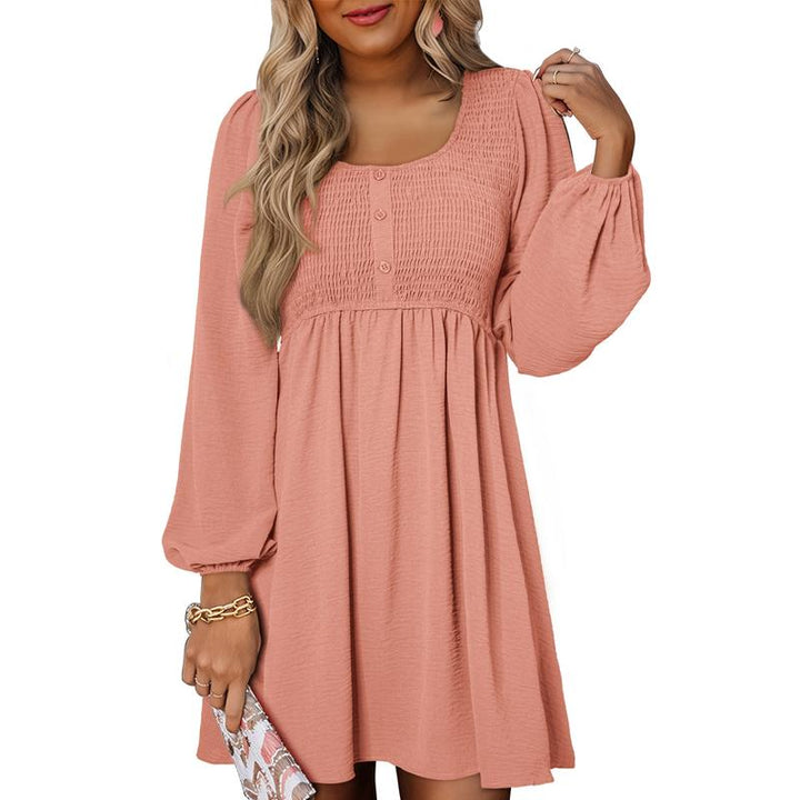 HARPER - Casual Smocked Empire Waist A-Line Dress with Button-Up Detail