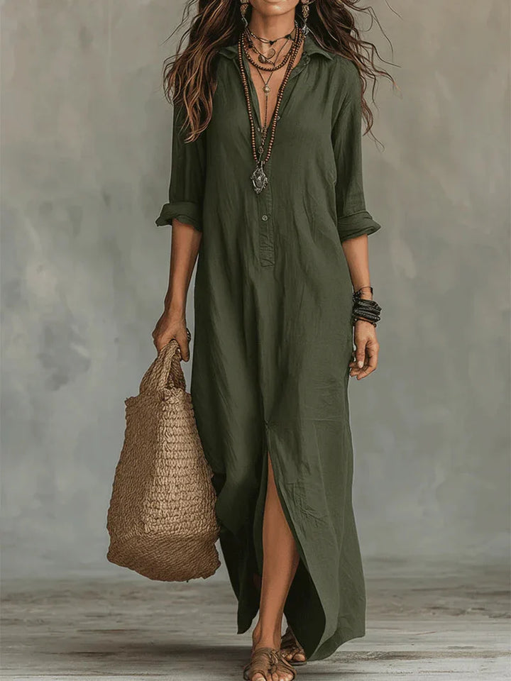 Selena™ | European Black Loose Maxi Dress with Buttons