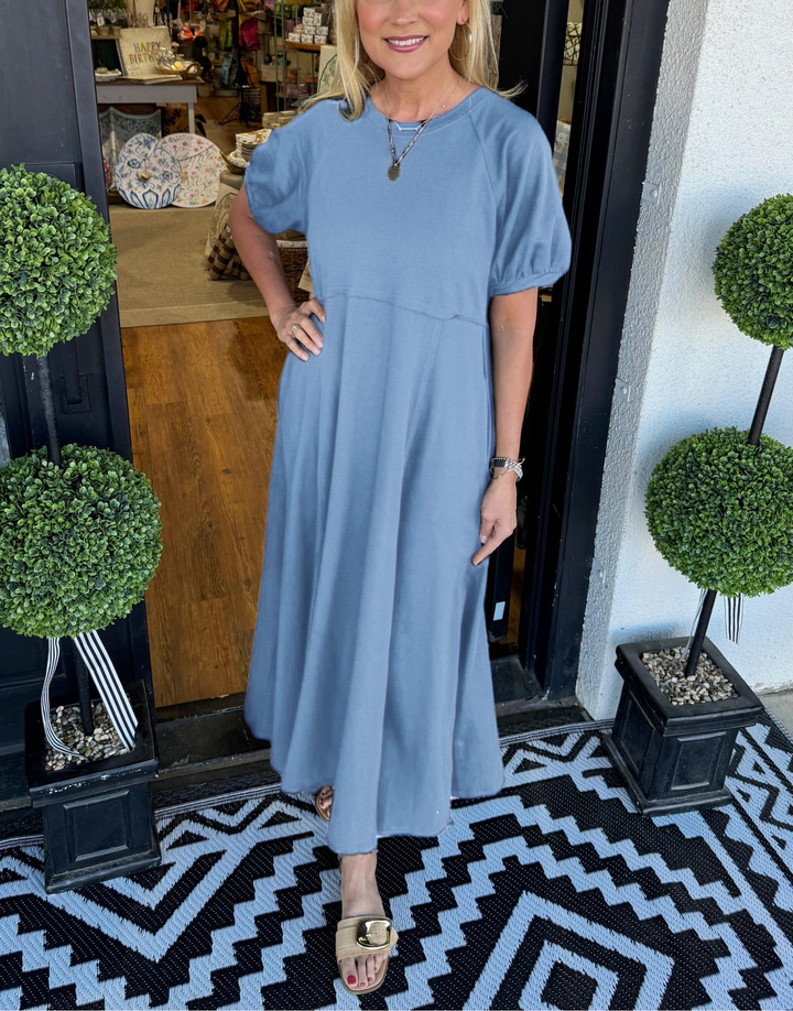 OLANDRA™ | Chic Puff Sleeve Round Neck Maxi Dress