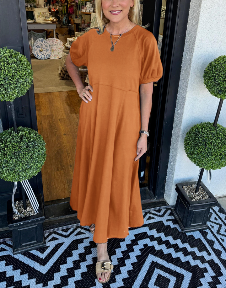 OLANDRA™ | Chic Puff Sleeve Round Neck Maxi Dress