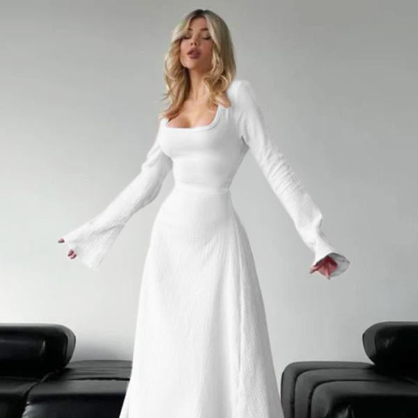 ERIN™ - Sophisticated Lace-Up Tie Back Flounce Sleeve A-Line Long Dress