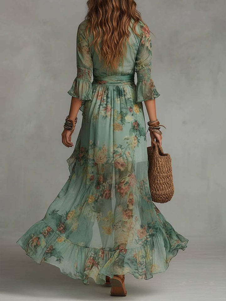 AURORA™ | Long Floral Boho Dress with Romantic Asymmetric Hem