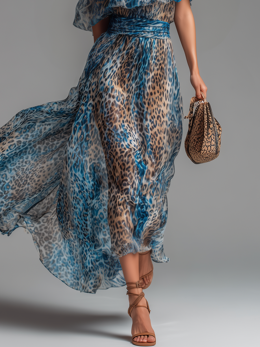 Selvaggia - Off-the-Shoulder Leopard Print Long Chiffon Dress