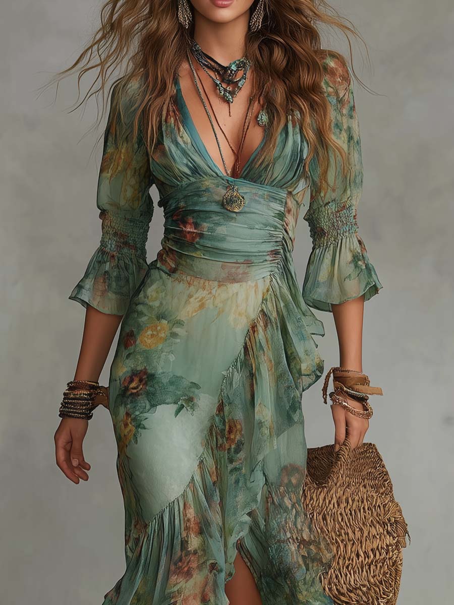 AURORA™ | Long Floral Boho Dress with Romantic Asymmetric Hem