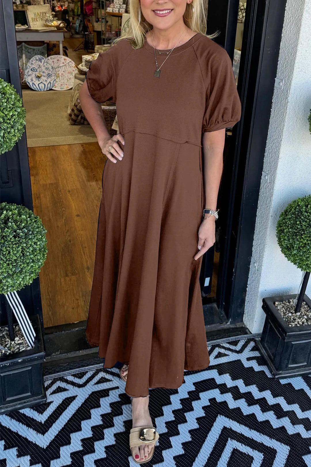 OLANDRA™ | Chic Puff Sleeve Round Neck Maxi Dress