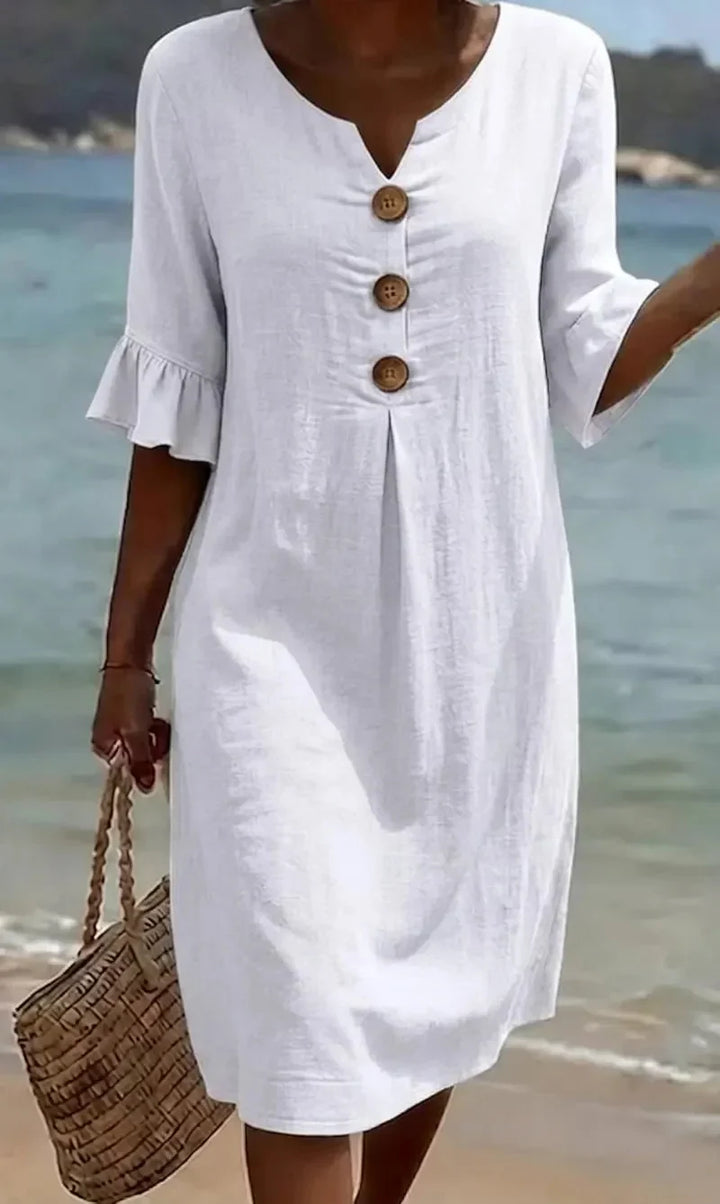 VANESA™ | Linen Textured Dress with Puff Sleeves and Button Detail