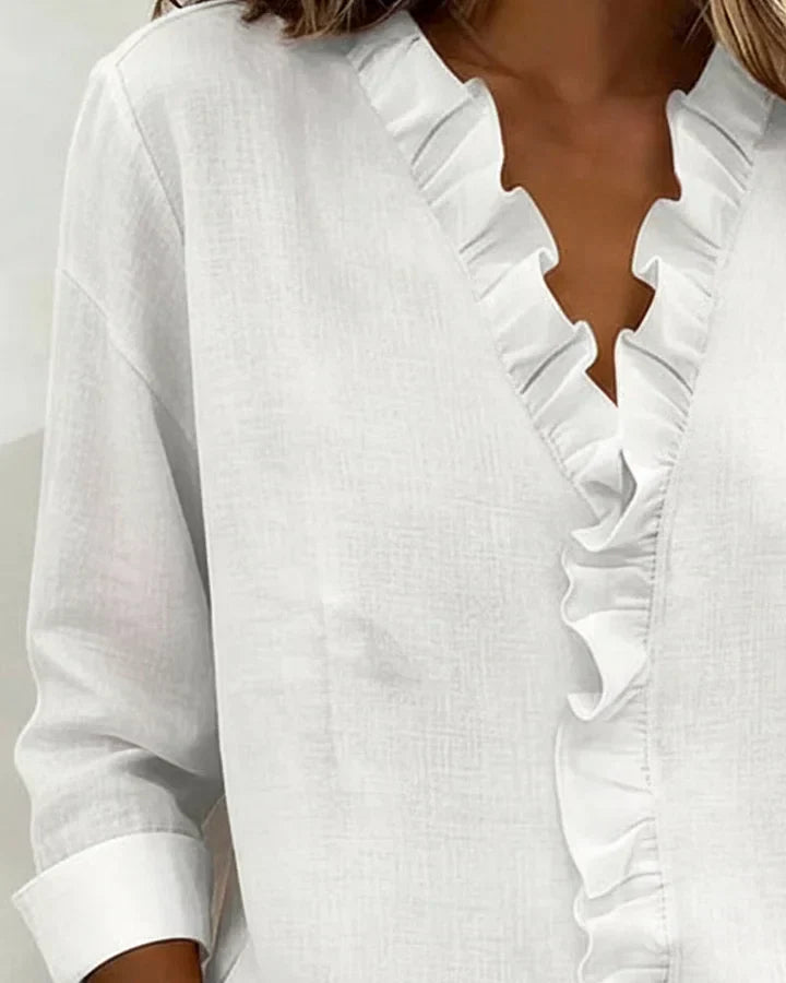 INDIE™ | Blouse with Ruffles, V-Neck and Long Sleeves