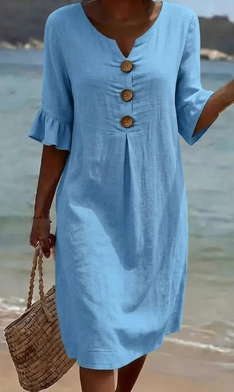 VANESA™ | Linen Textured Dress with Puff Sleeves and Button Detail