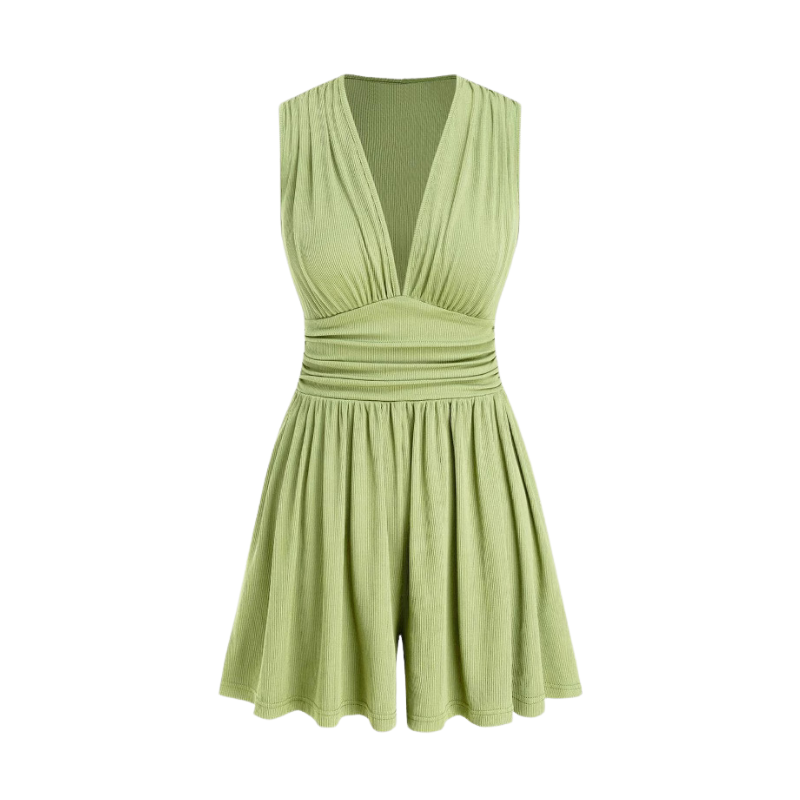 HEART™ – Chic Ruched Deep V Neck Sleeveless Romper