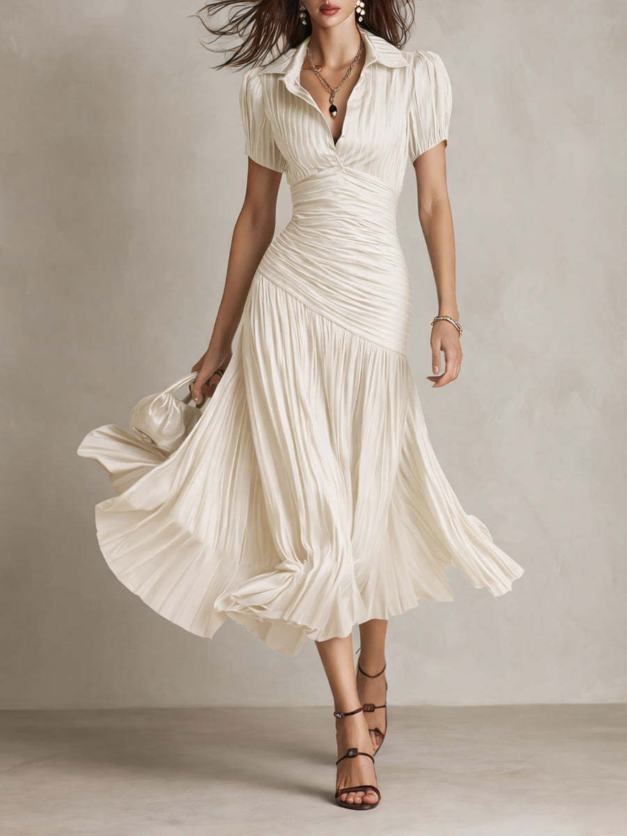 Adriana - Vintage-Inspired Satin Midi Dress with Stripes