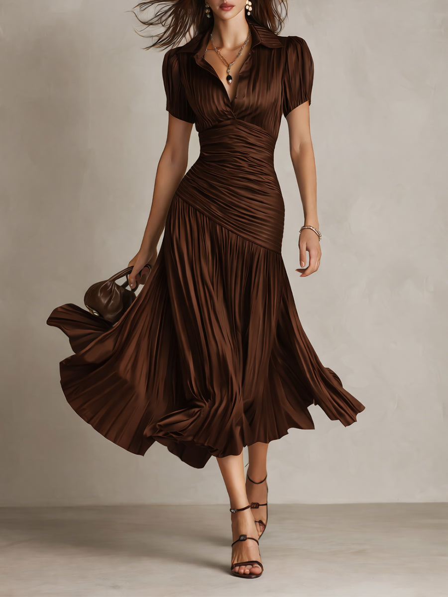 Adriana - Vintage-Inspired Satin Midi Dress with Stripes