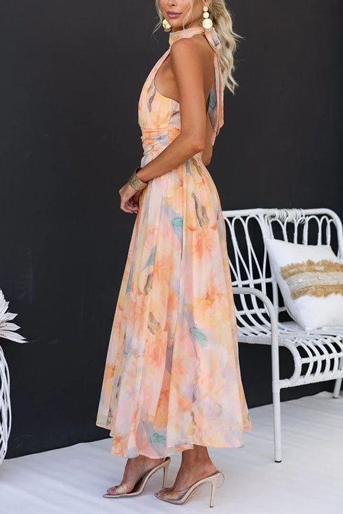 Lotte™ - Long Dress with Watercolour Print and Halterneck