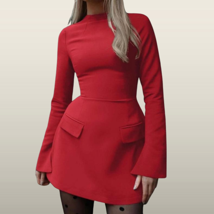 HAZEL™ - Chic A-Line Dress with Stand Collar and Long Sleeves