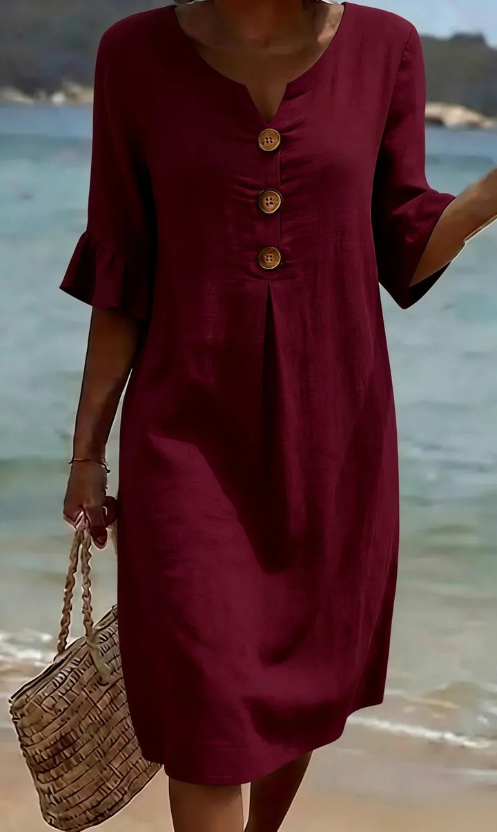 VANESA™ | Linen Textured Dress with Puff Sleeves and Button Detail