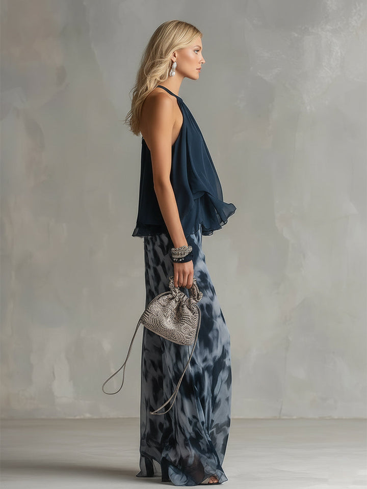 LUDOVICA™ | Elegant Chiffon Set with High-Neck Top and Wide Printed Trousers