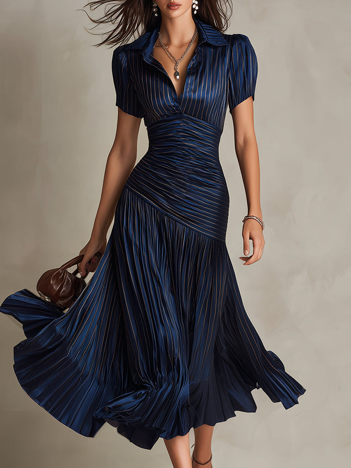 Adriana - Vintage-Inspired Satin Midi Dress with Stripes