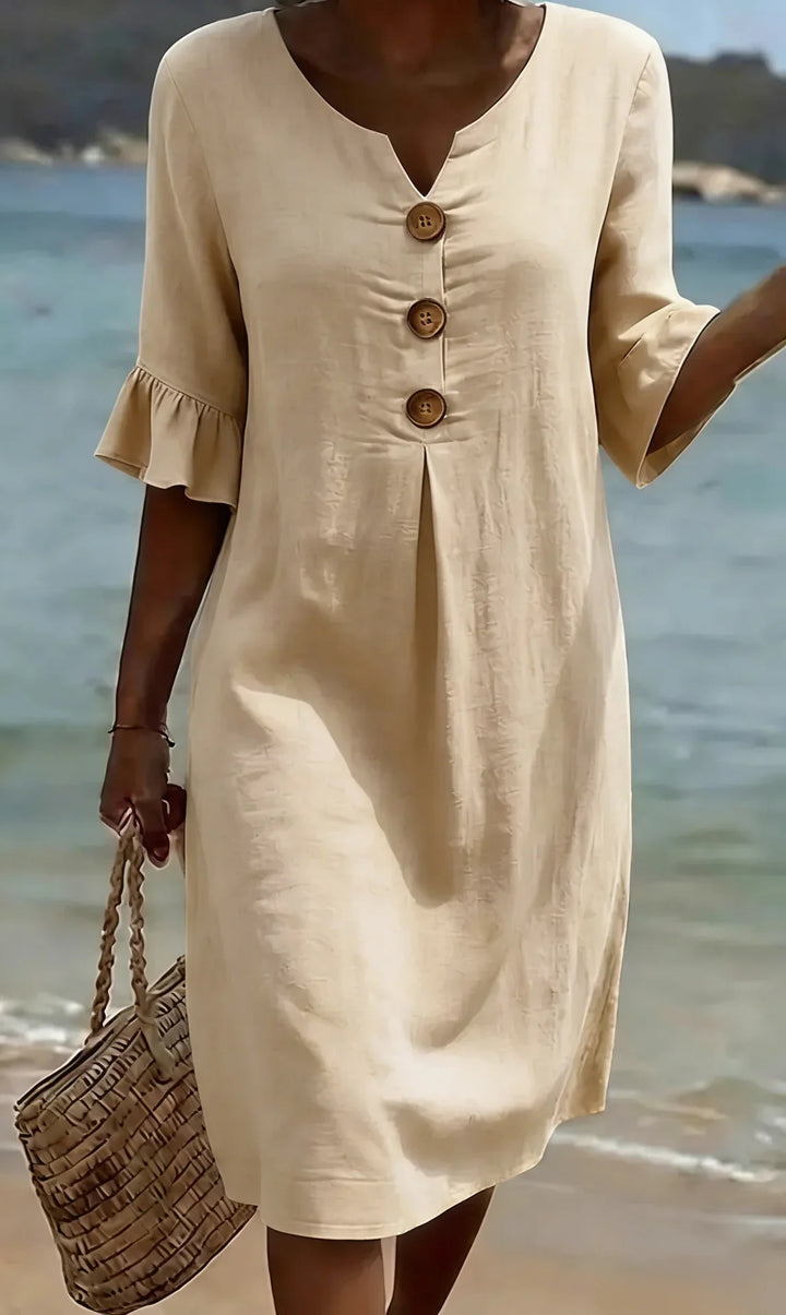 VANESA™ | Linen Textured Dress with Puff Sleeves and Button Detail