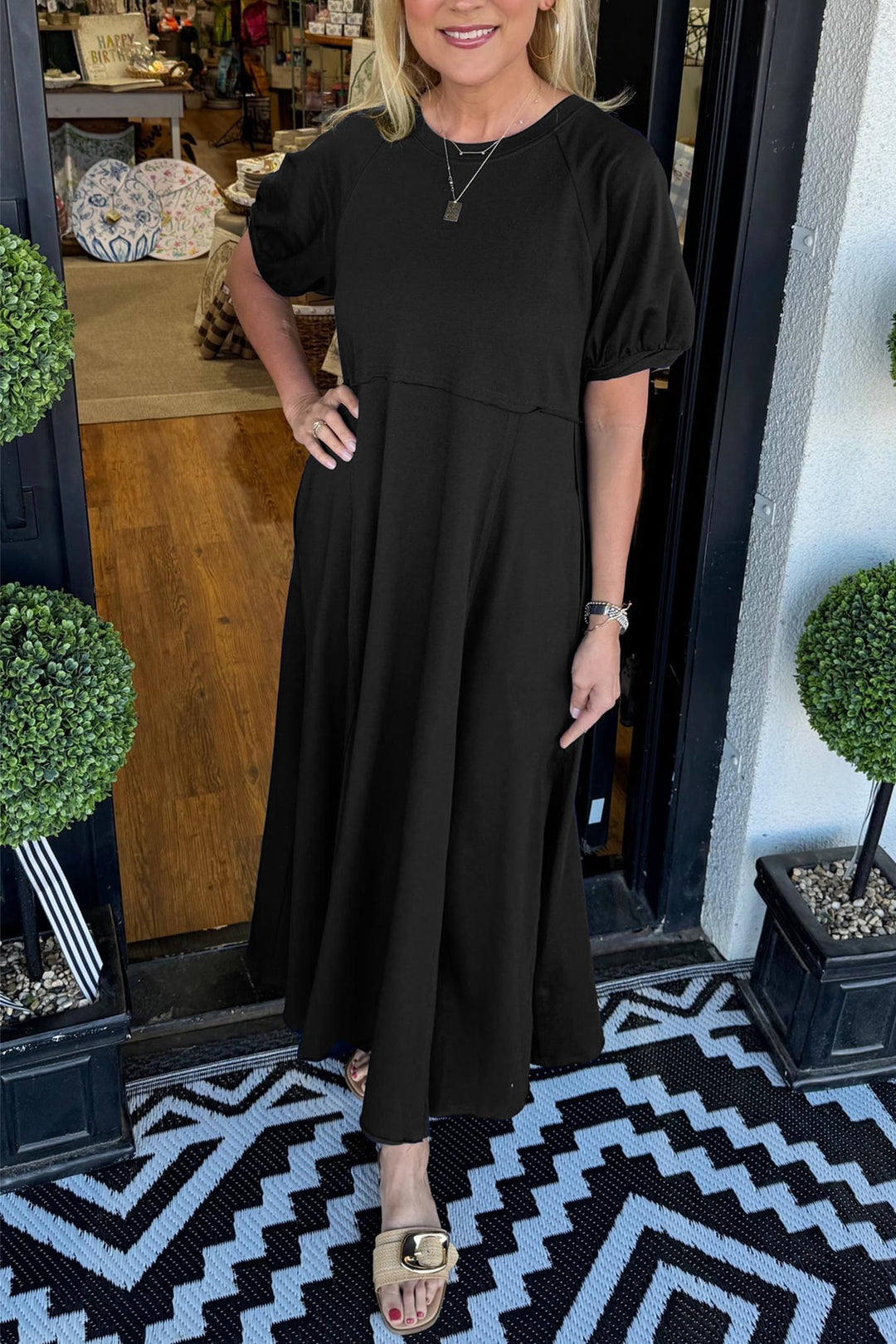 OLANDRA™ | Chic Puff Sleeve Round Neck Maxi Dress