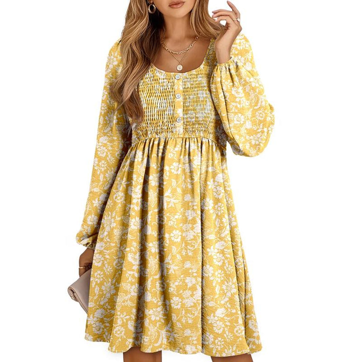 HARPER - Casual Smocked Empire Waist A-Line Dress with Button-Up Detail