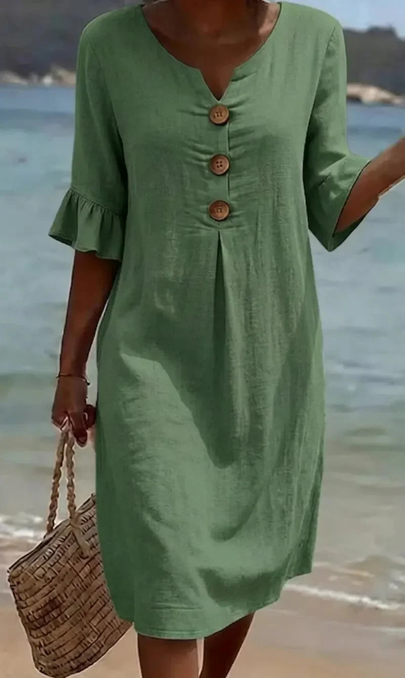 VANESA™ | Linen Textured Dress with Puff Sleeves and Button Detail