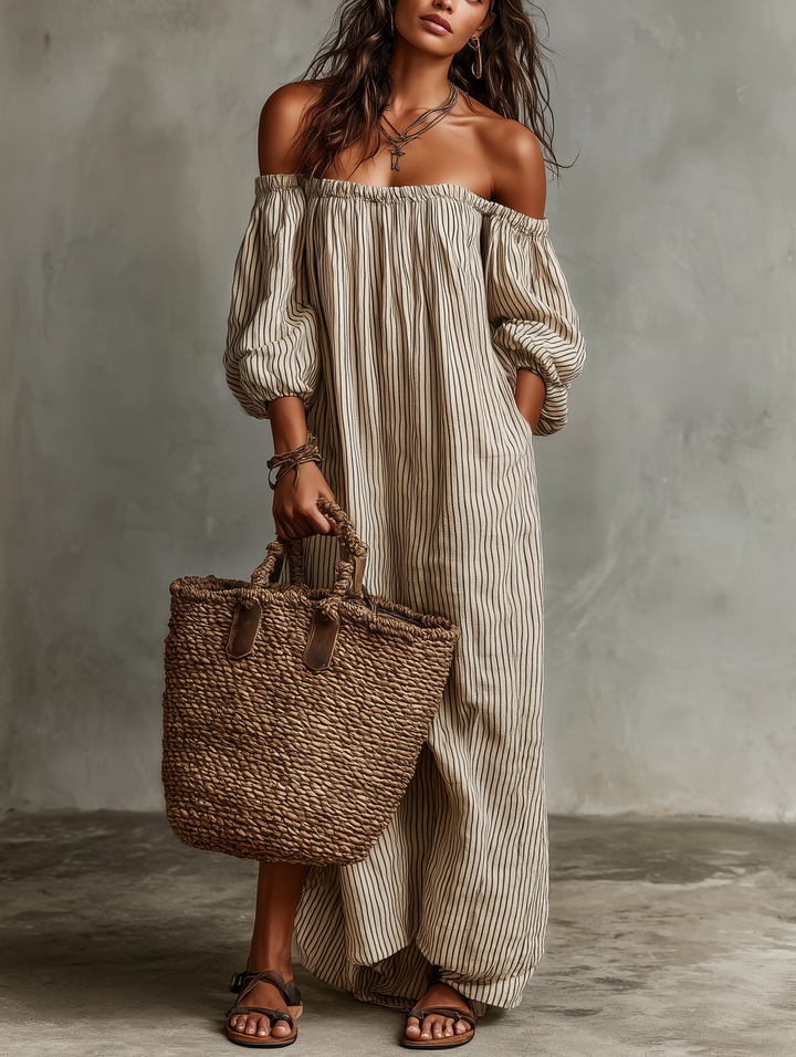 Elena | European Long Flowing Dress with Off-Shoulder Design