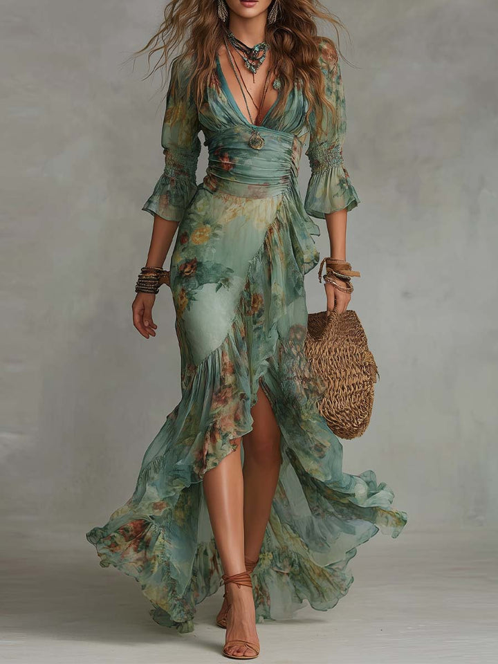AURORA™ | Long Floral Boho Dress with Romantic Asymmetric Hem