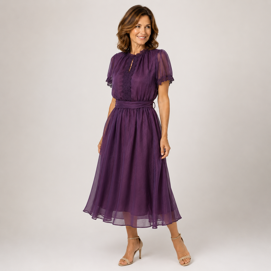 FLAVIA™ | Midi Dress with Keyhole Neckline and Chiffon Lace Trim