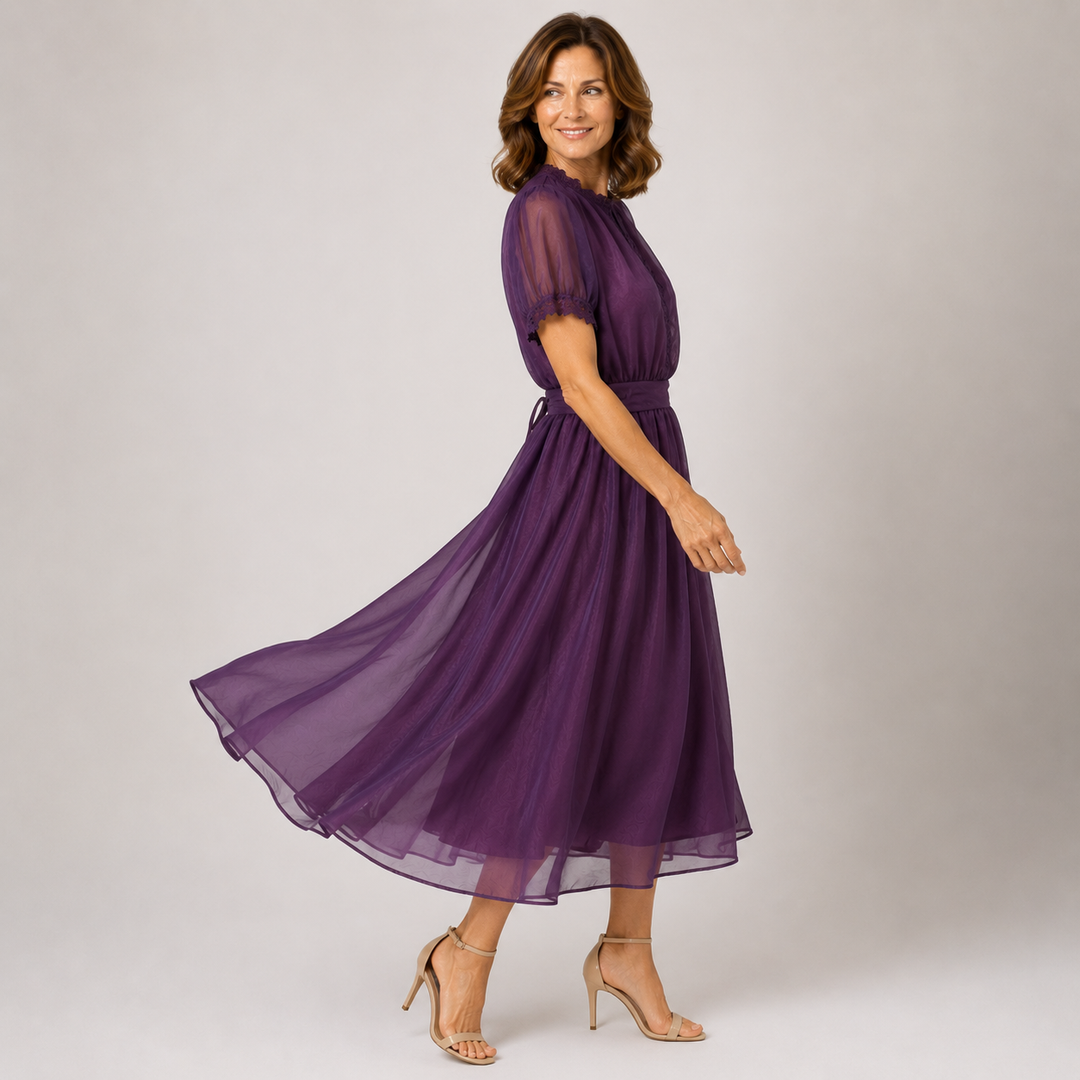 FLAVIA™ | Midi Dress with Keyhole Neckline and Chiffon Lace Trim