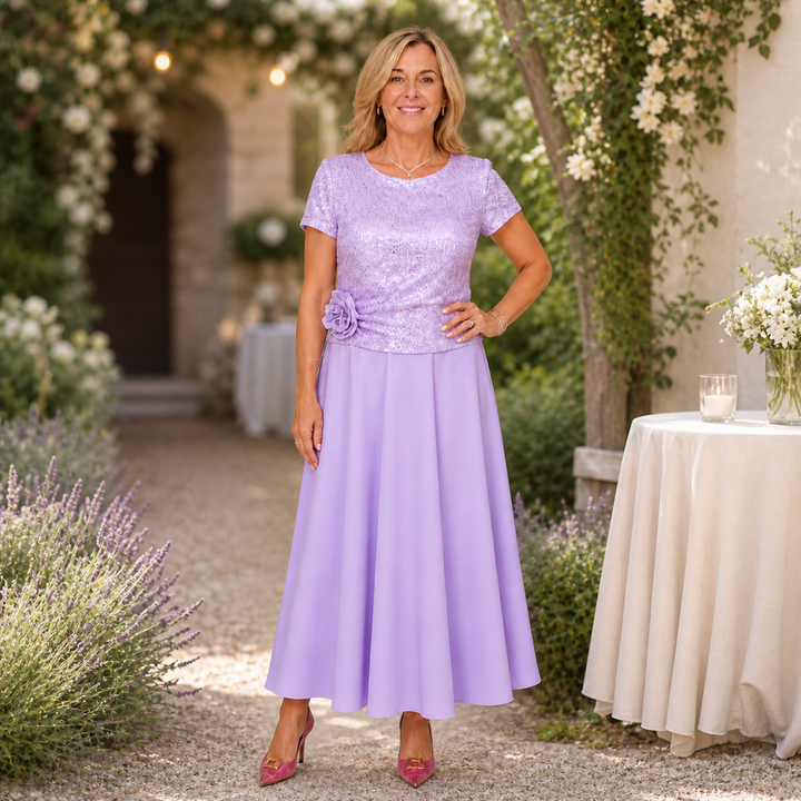 RENATA | Short-Sleeved Dress with Sequin Floral Bodice