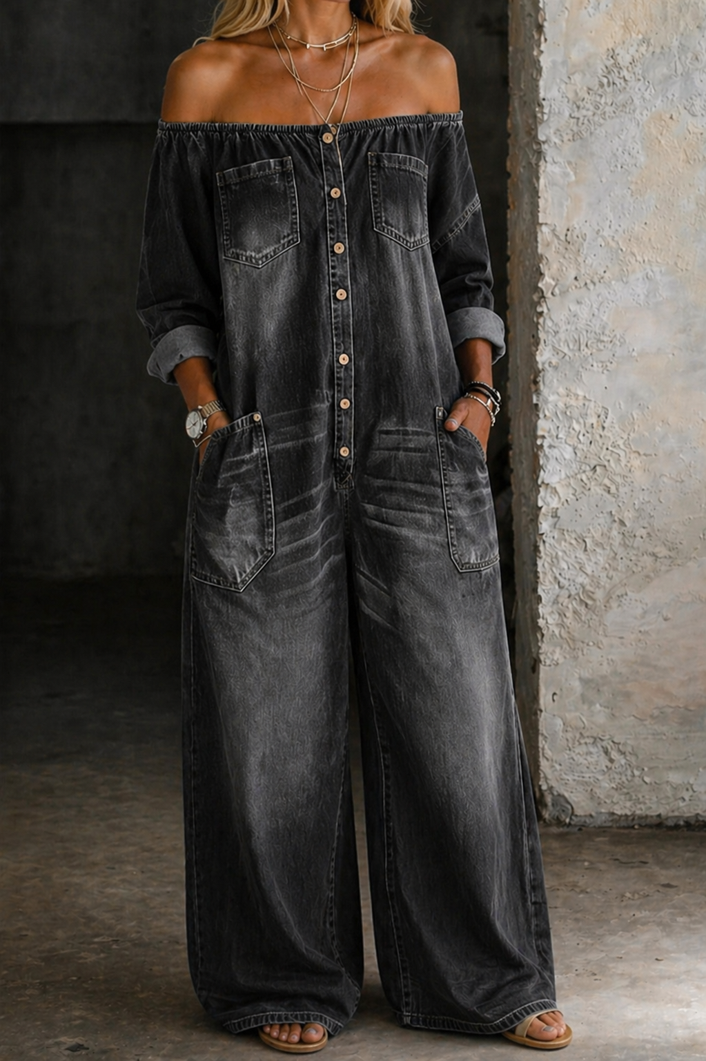Elena | Long Sleeve Jumpsuit with Exposed Shoulders