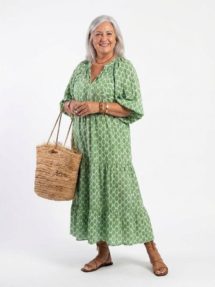 APOLLINE™ | Three Quarter Sleeve V Neck Patterned Midi Dress