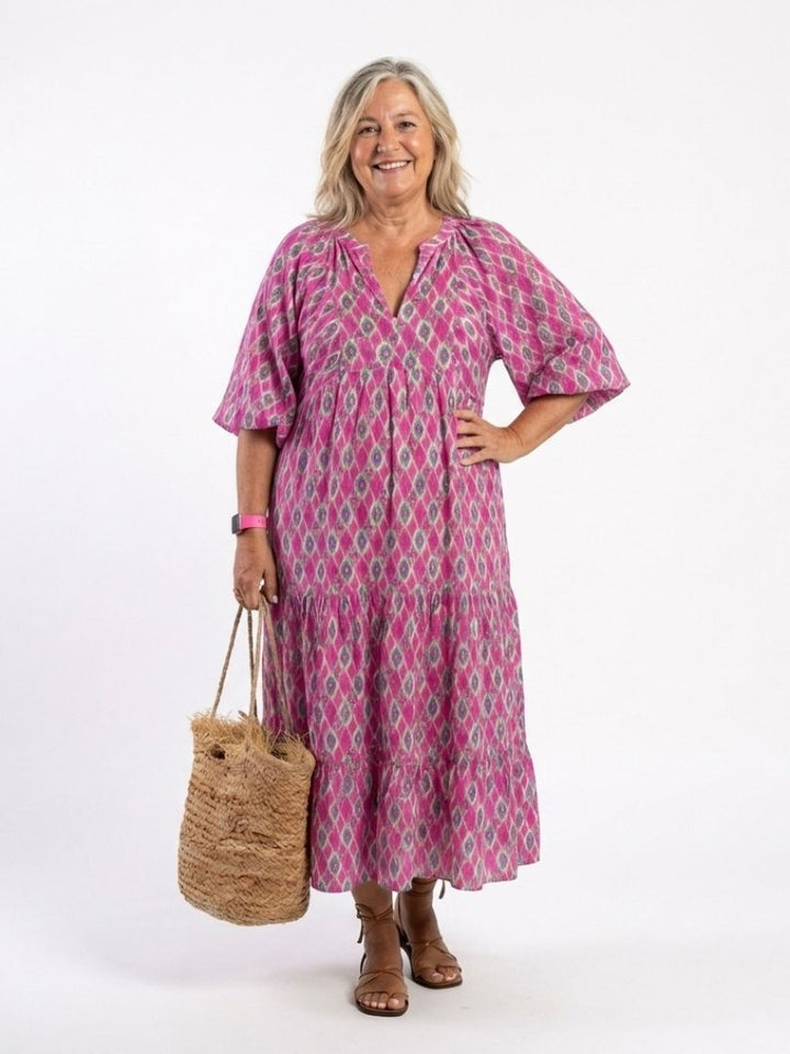 APOLLINE™ | Three Quarter Sleeve V Neck Patterned Midi Dress