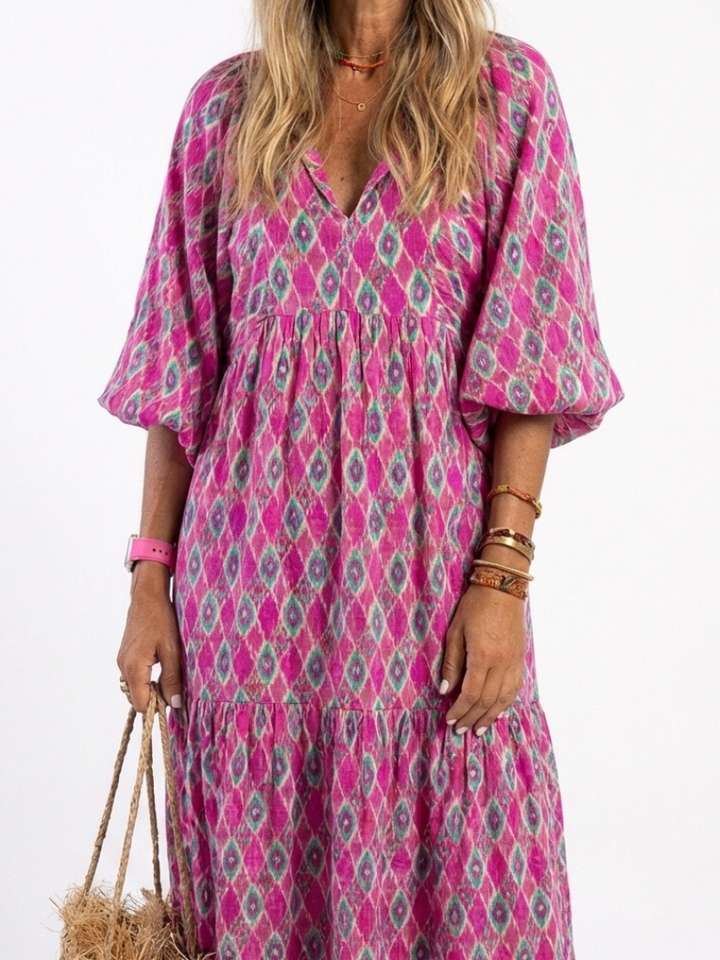 ALIANA | V Neck Patterned Midi Dress