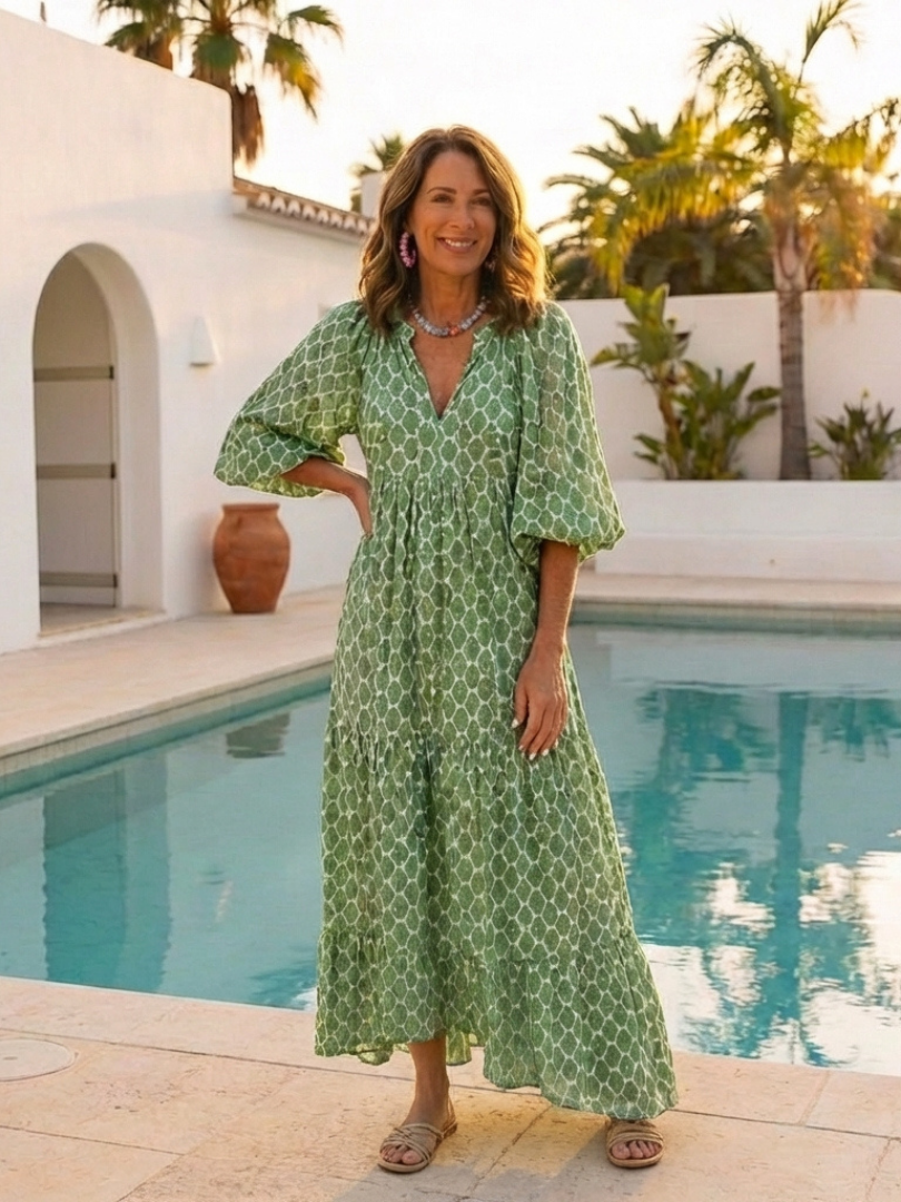 ALIANA | V Neck Patterned Midi Dress
