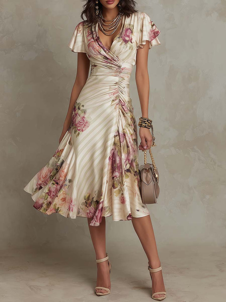 ALBA™ | Elegant Retro Satin Midi Dress with Floral Print