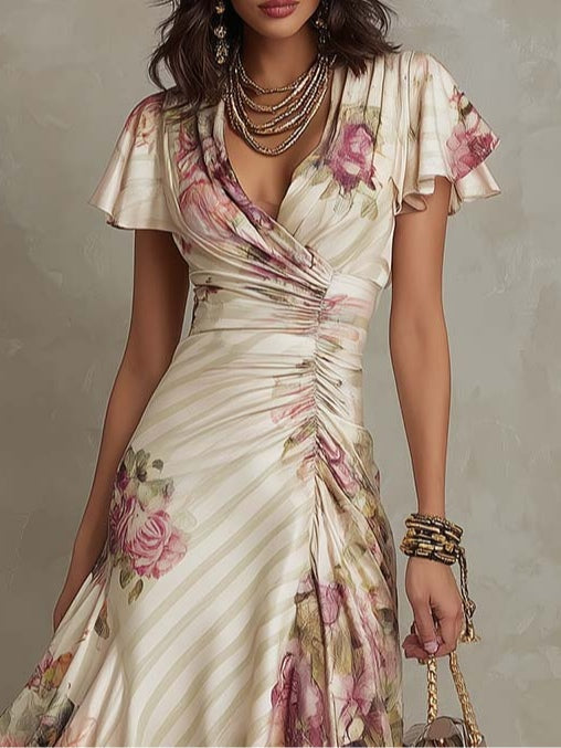 ALBA™ | Elegant Retro Floral Satin Midi Dress