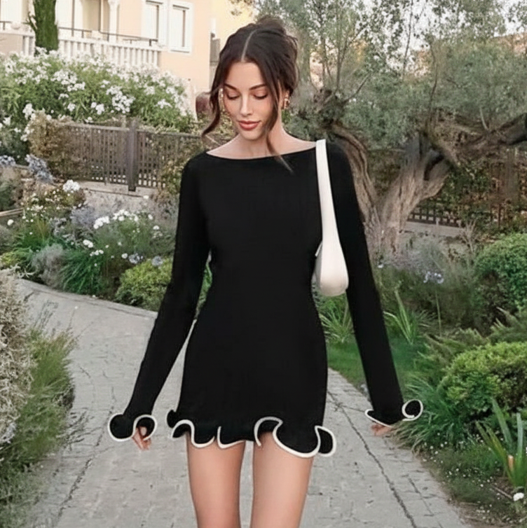 VERNA™ - Stylish Knit Bodycon Dress with Wave Hem Long Sleeve Dress