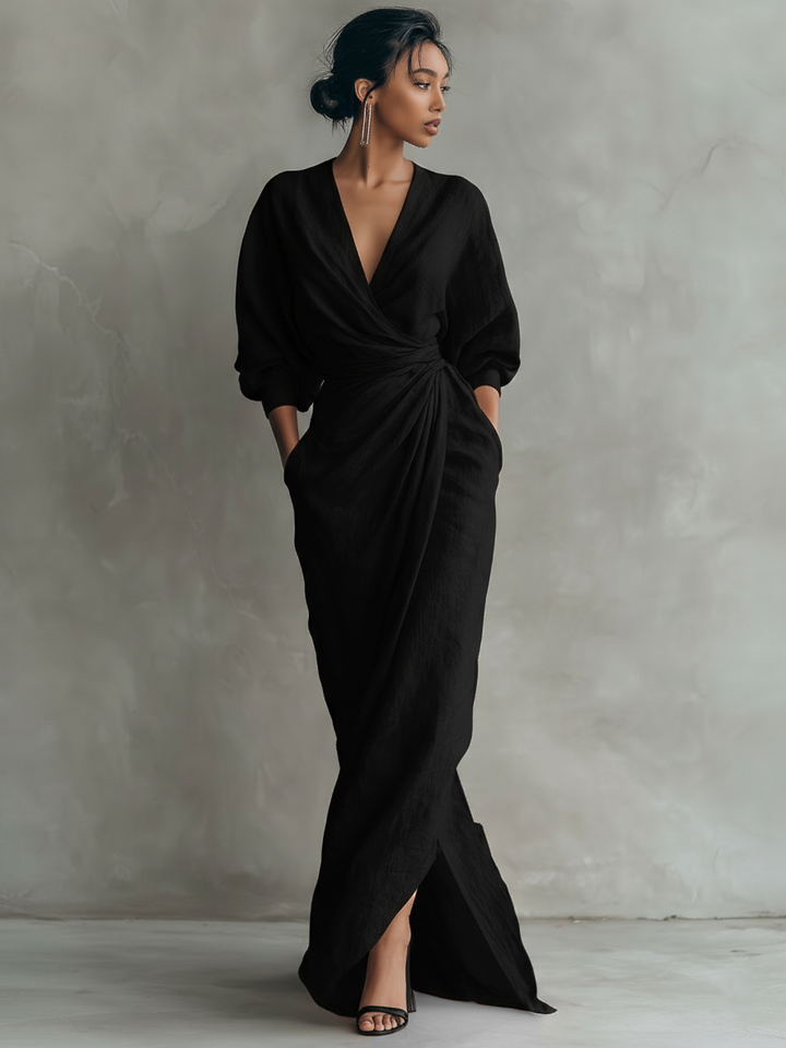 LUCIANA™ | Minimalist Pink V-Neck Maxi Dress in Linen Blend