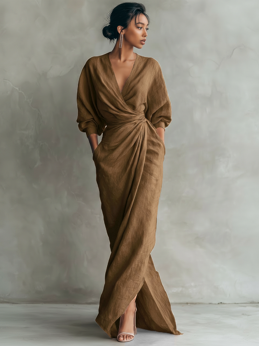 LUCIANA™ | Minimalist Pink V-Neck Maxi Dress in Linen Blend