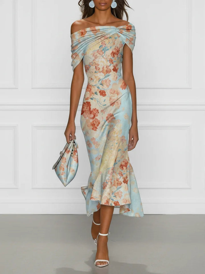 VITTORIA™ | Sleeveless Off-Shoulder Mermaid Midi Dress with Blue Floral Pattern