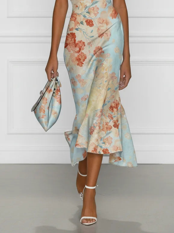 VITTORIA™ | Sleeveless Off-Shoulder Mermaid Midi Dress with Blue Floral Pattern