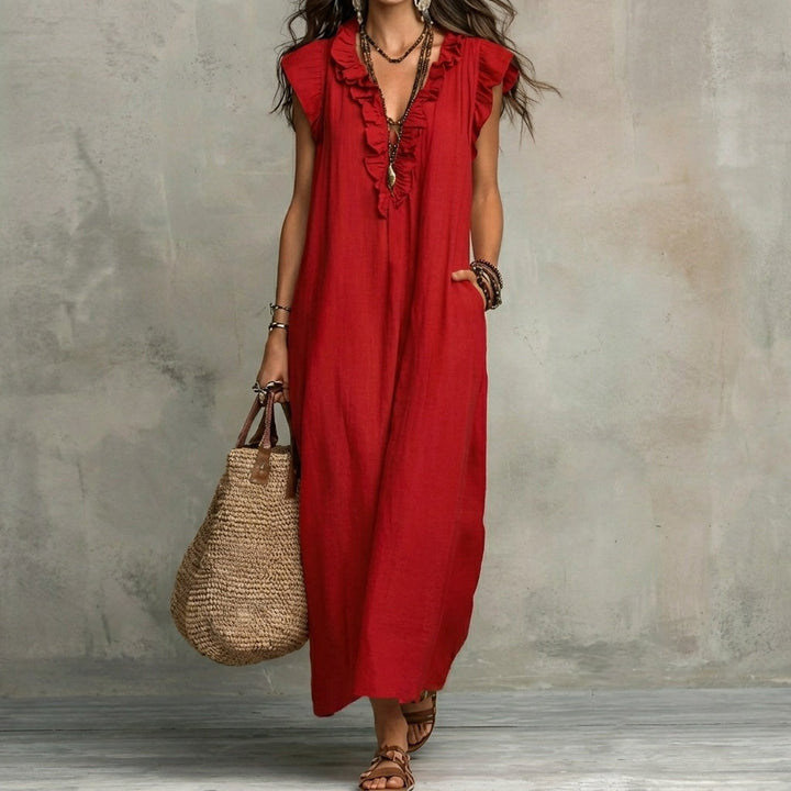 Josefina™  | European Long Dress with a V-neck and frills