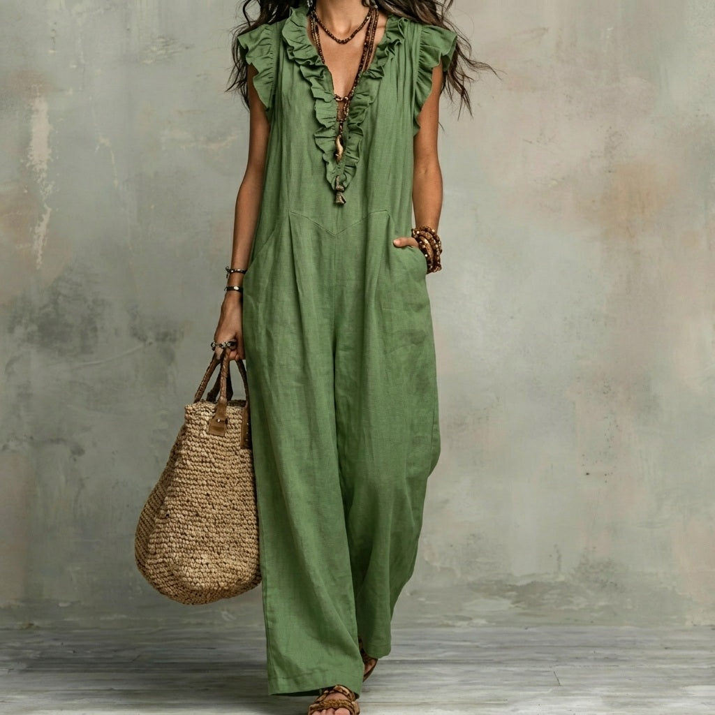 Josefina™  | European Long Dress with a V-neck and frills